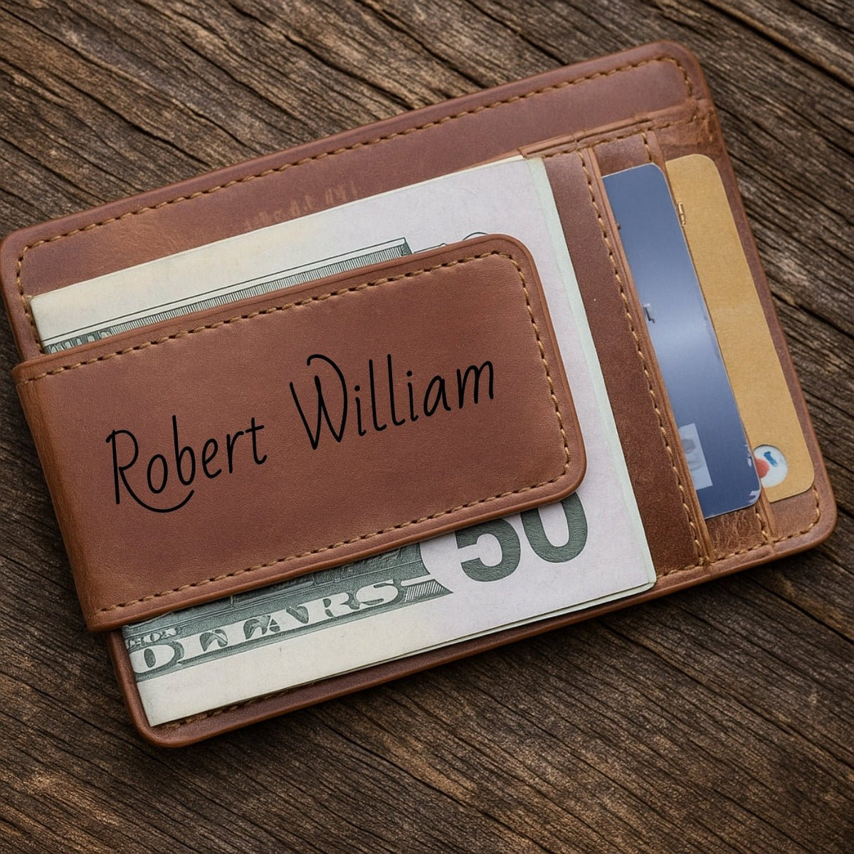 Personalized brown leather money clip wallet for men — a slim, ultraslim, and compact designer card holder with custom engraving, name, initial, and photo, featuring a strong magnetic closure, ID window, and cash clip for front pocket carry.