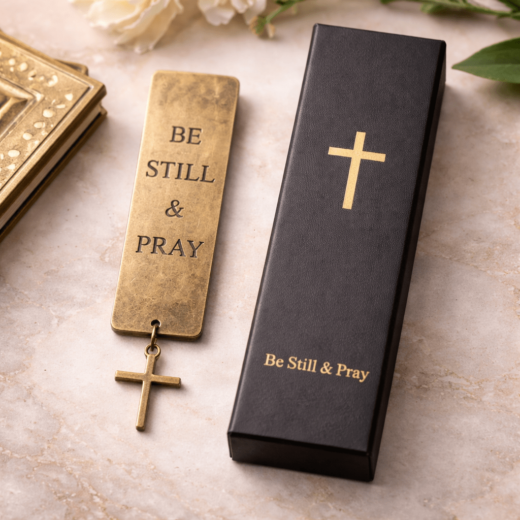 Brass bookmark with 'Be Still &amp; Pray' text and cross pendant, alongside a black box with gold cross and text, on a light surface.