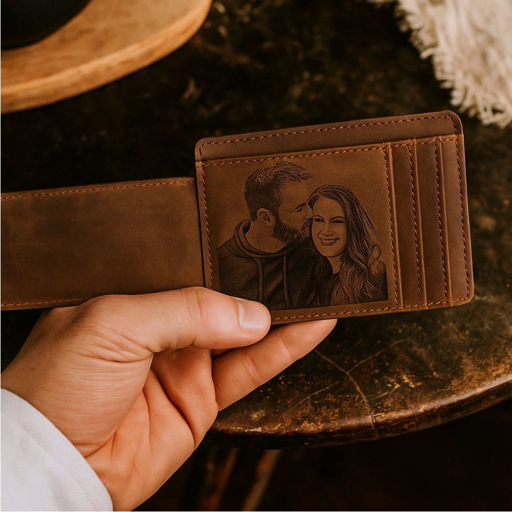 Brown leather wallet with engraved portrait held by a hand on a dark surface