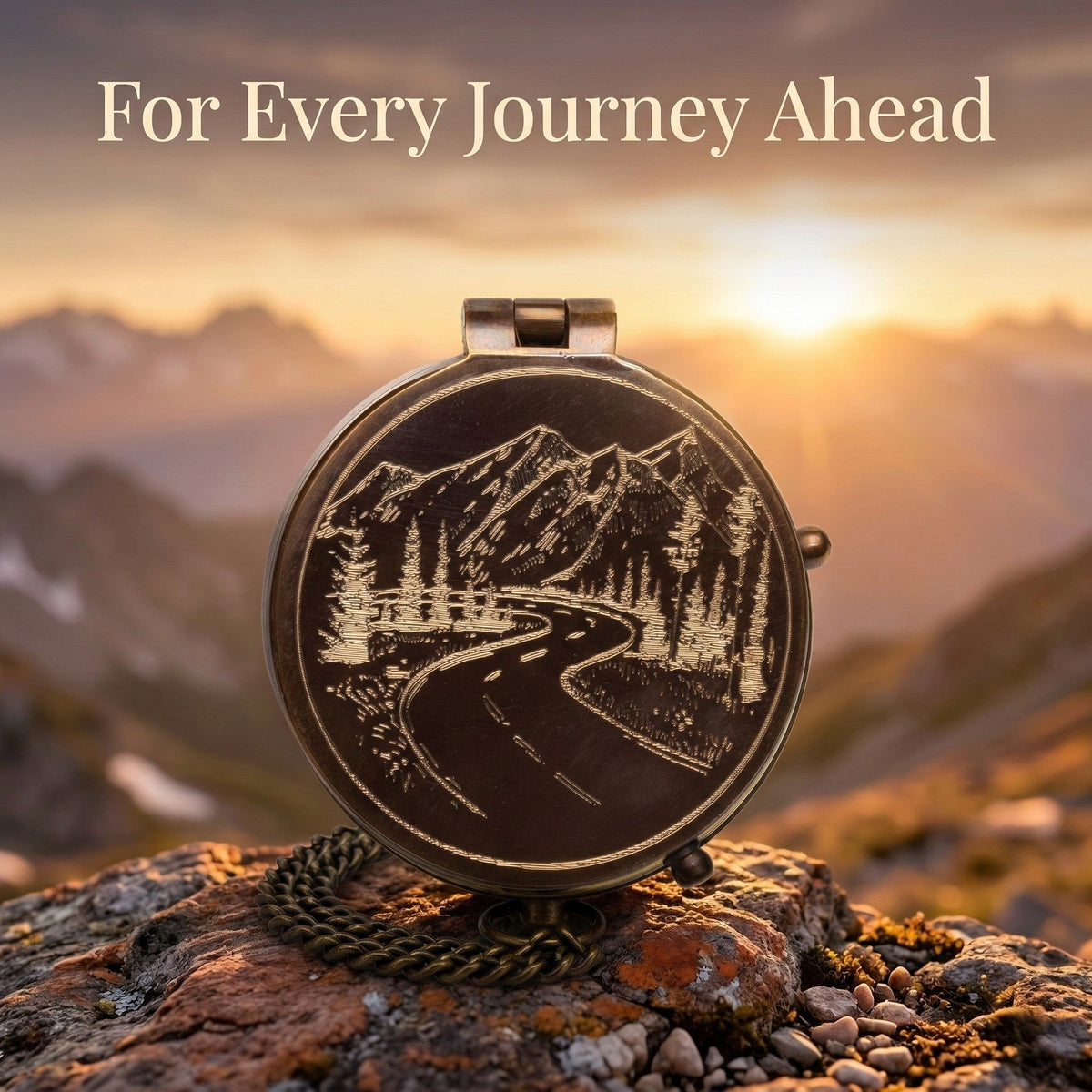 Compass with mountain and road design on a rocky outcrop with a sunset in the background