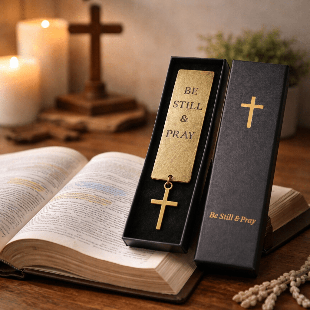 Gold 'Be Still &amp; Pray' bookmark with cross charm on an open Bible