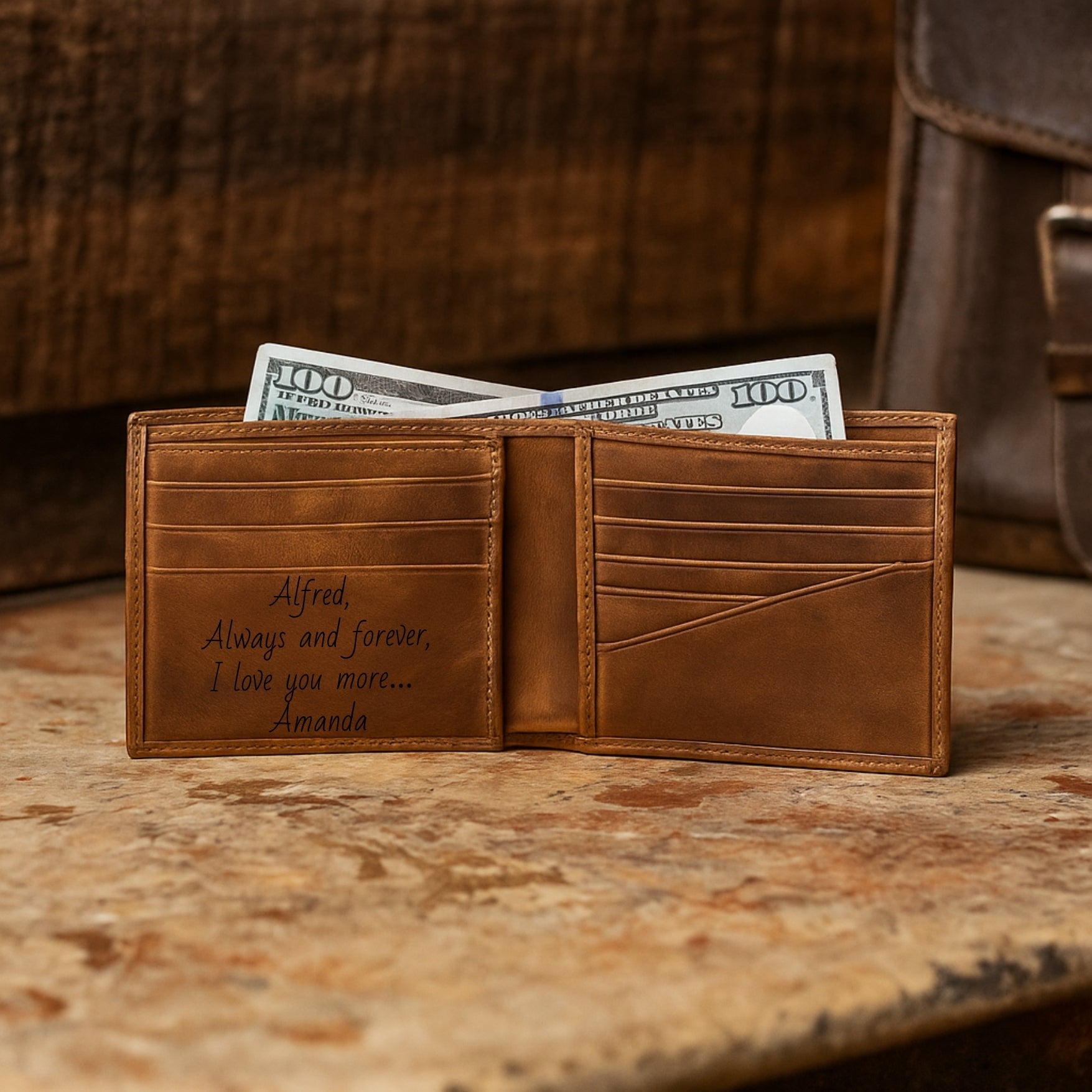 Brown leather wallet with engraved message and money on a wooden surface