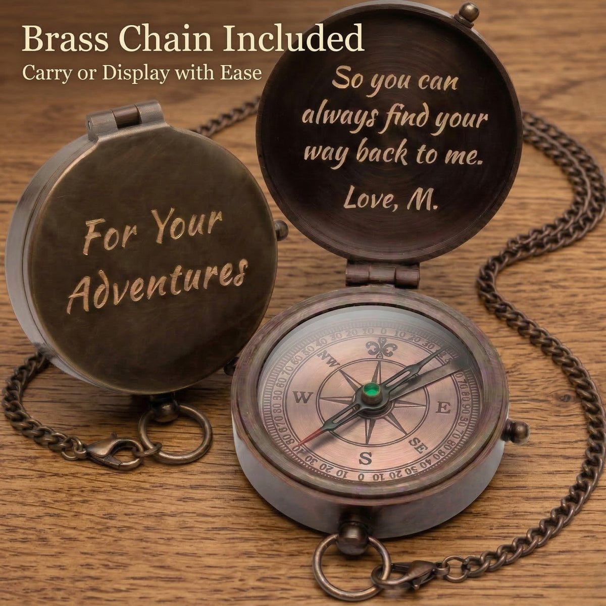 Decorative compass with engraved text on a wooden surface