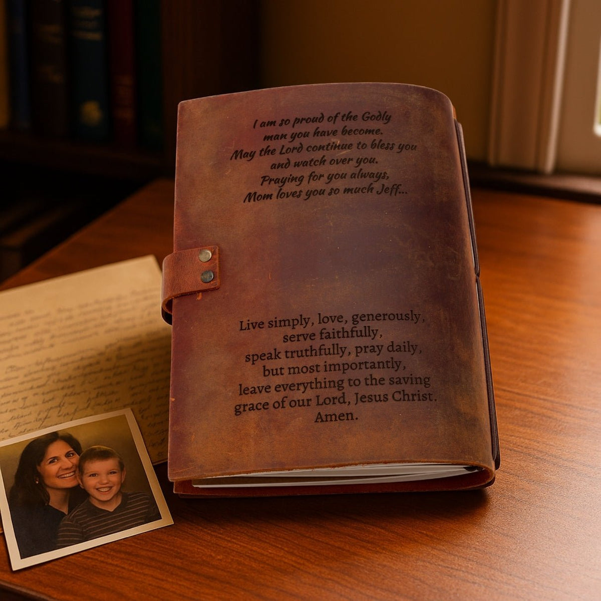 Personalized brown leather journal notebook – custom engraved diary with refillable lined pages, featuring name, monogram, initial, photo, or heartfelt message or text.