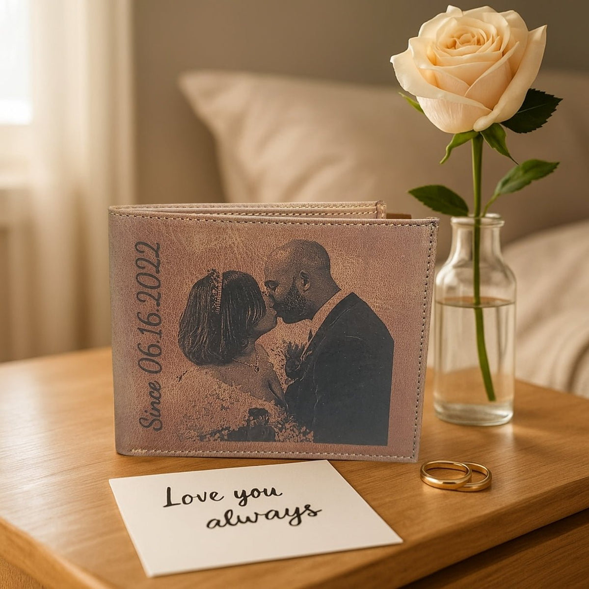 Personalized picture wallet made of genuine brown leather, custom engraved with name or initials – meaningful birthday or Valentine’s Day gift for him.