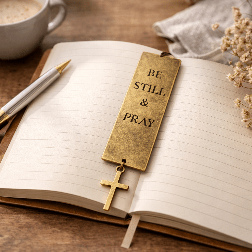 Open notebook with a brass bookmark reading 'Be Still &amp; Pray' on a wooden surface with a cup of coffee and pen.