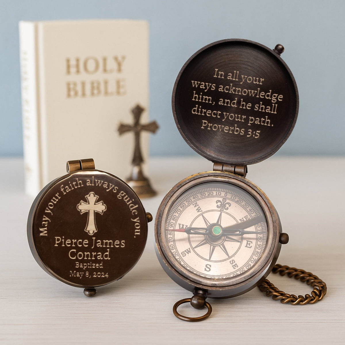 Custom religious compass gift with solid brass body, engraved Bible verse, and optional leather pouch, perfect for faith-centered gifting from SFdizayn

