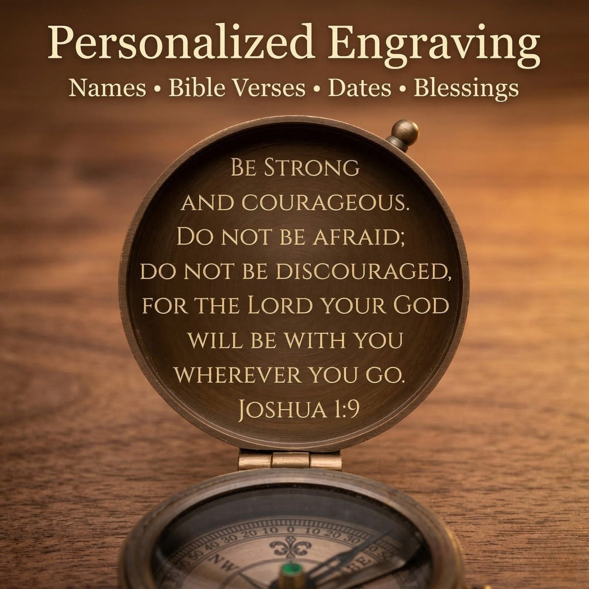 Bronze compass with engraved text on a wooden background