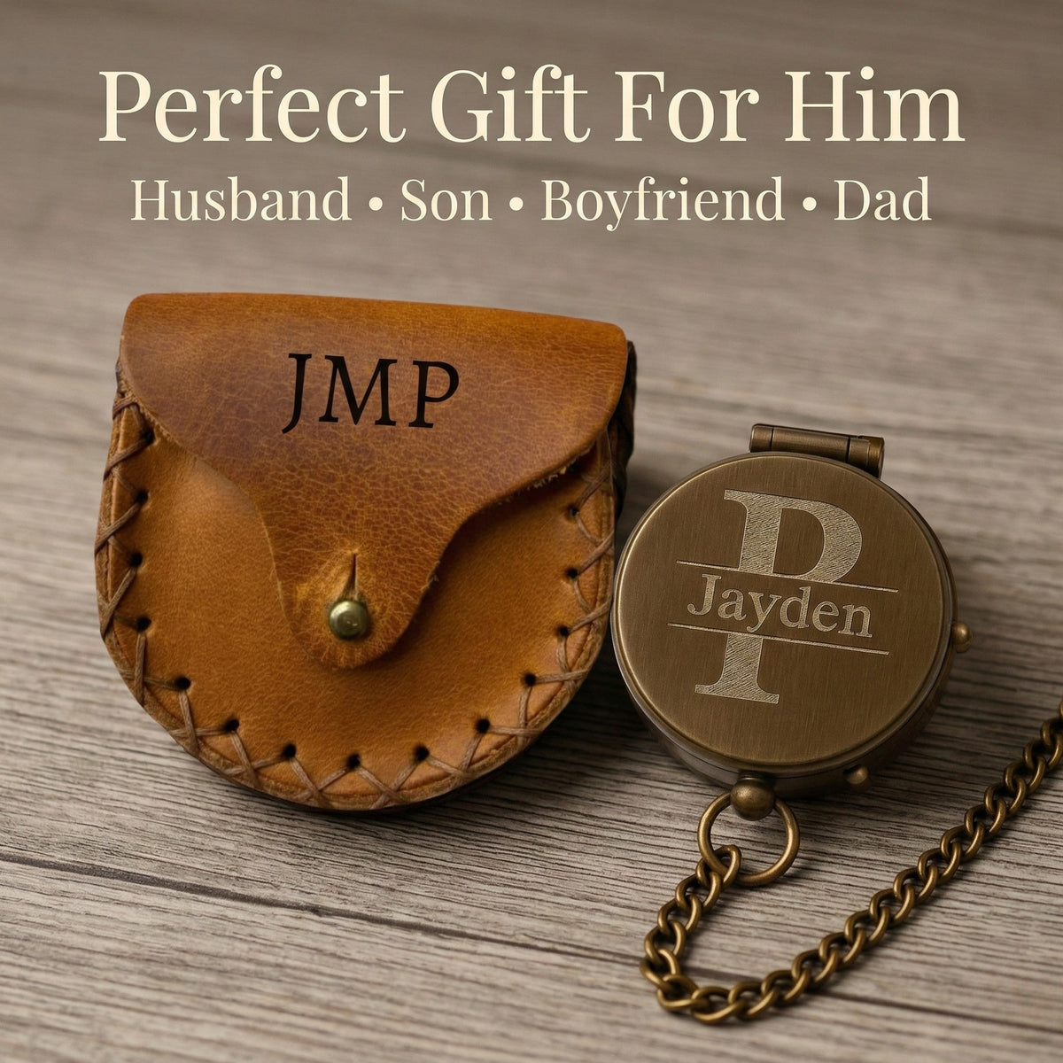 Brown leather pouch and bronze compass with 'Jayden' engraving on a wooden surface