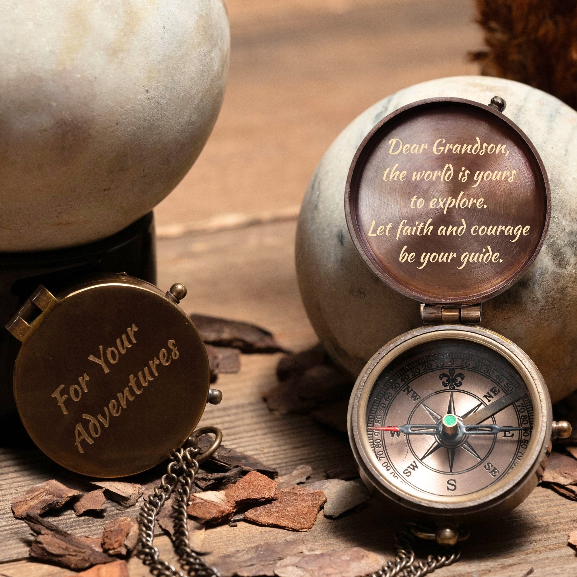 Engraved brass compass gift for son or grandson, personalized with message, name, perfect keepsake for birthdays, graduations