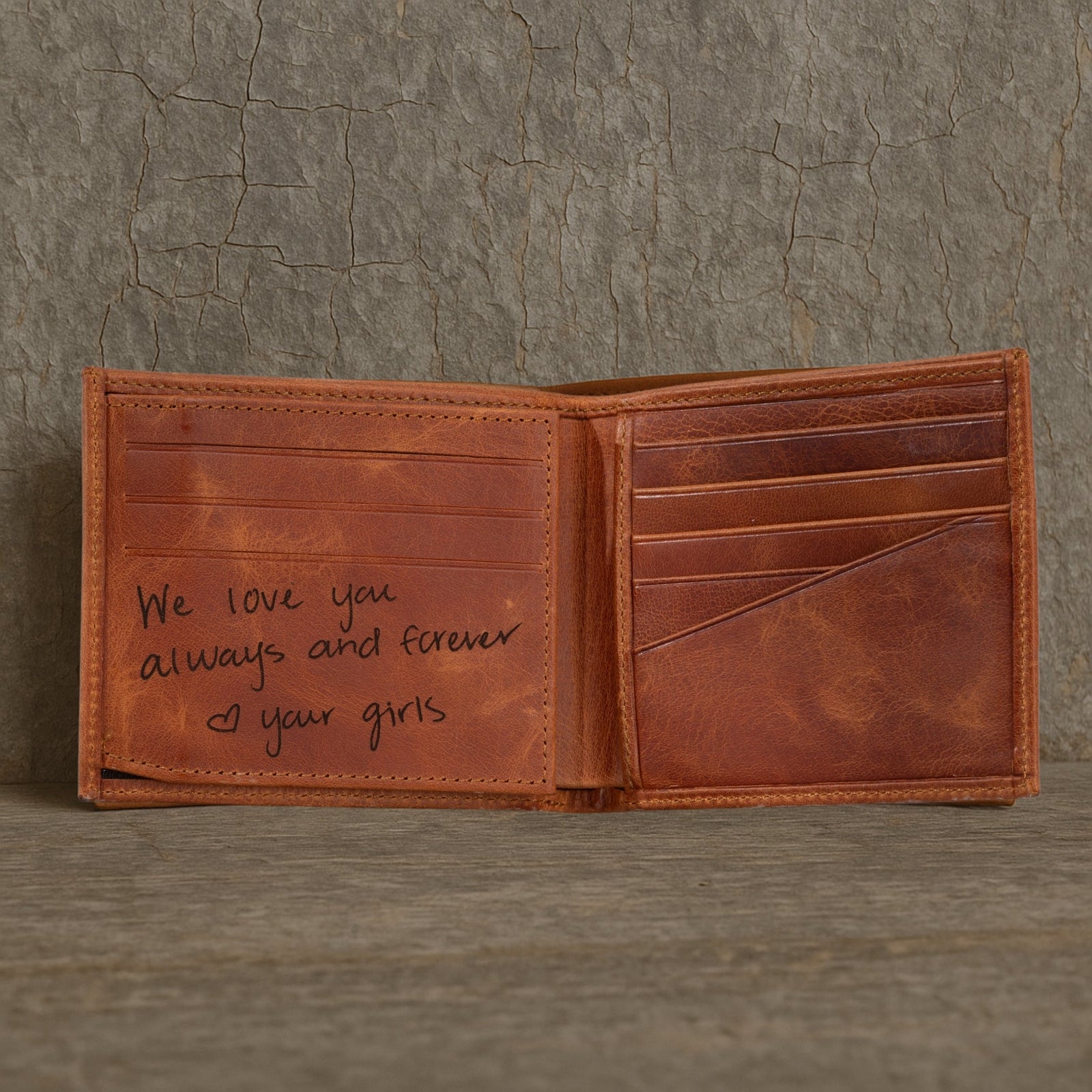 Custom handwriting engraved brown leather wallet for men – personalized with photo, name, or initials – SFDizayn