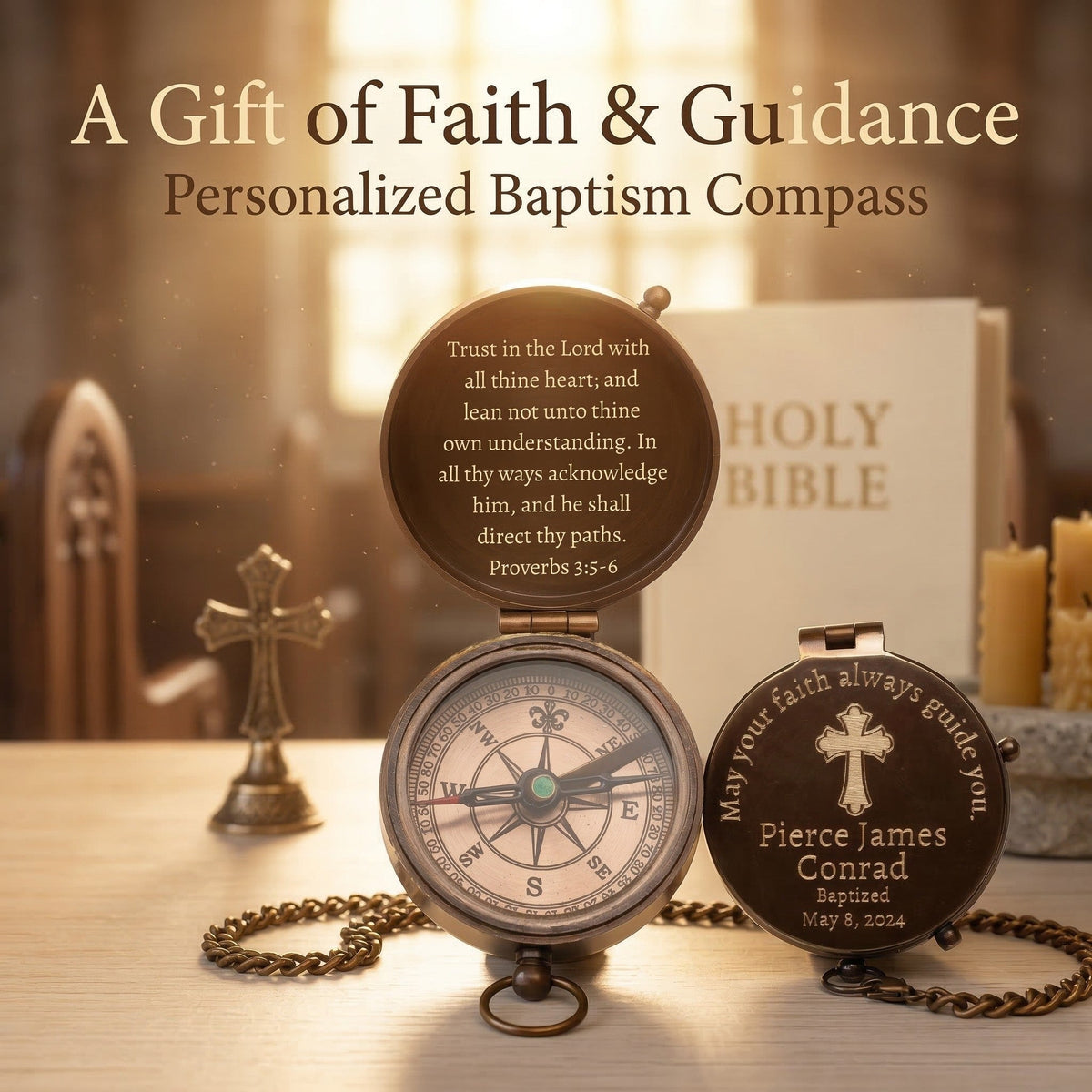 Personalized baptism compass with religious text and a Bible in the background
