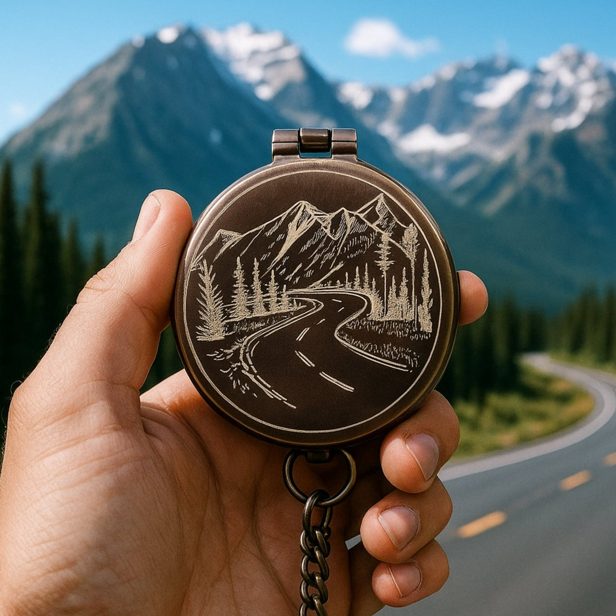 Hand holding a pocket watch with a mountain and road engraving against a mountainous landscape.