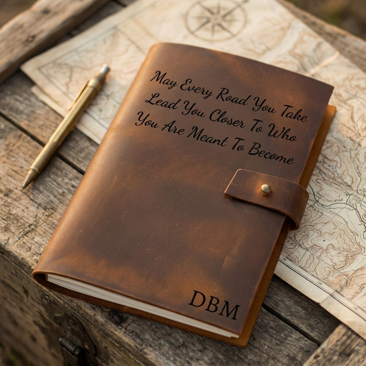 Brown leather journal with motivational quote and initials on a wooden surface with a map.