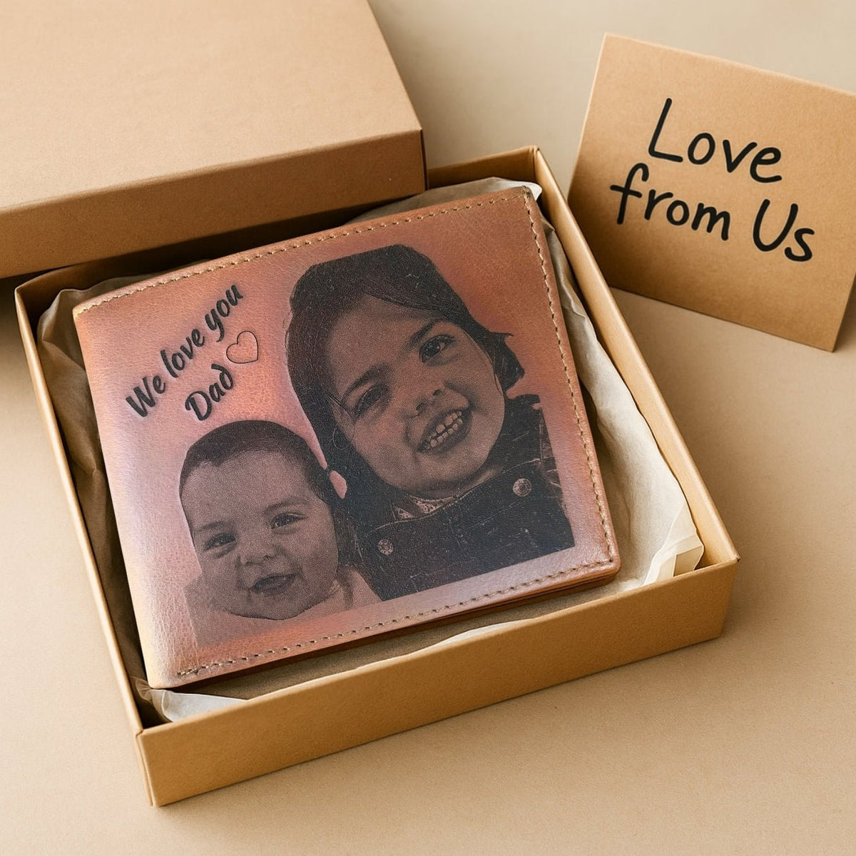 Personalized picture wallet made of genuine brown leather, custom engraved with name or initials – meaningful birthday or Valentine’s Day gift for him.