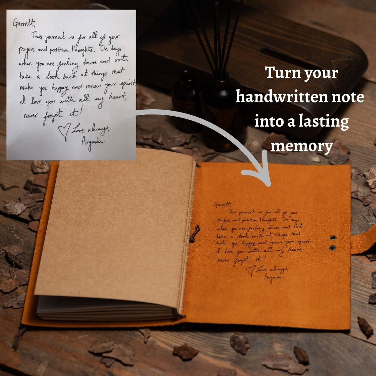 Personalized brown leather journal notebook – custom engraved diary with refillable lined pages, featuring name, monogram, initial, photo, or heartfelt message or text.