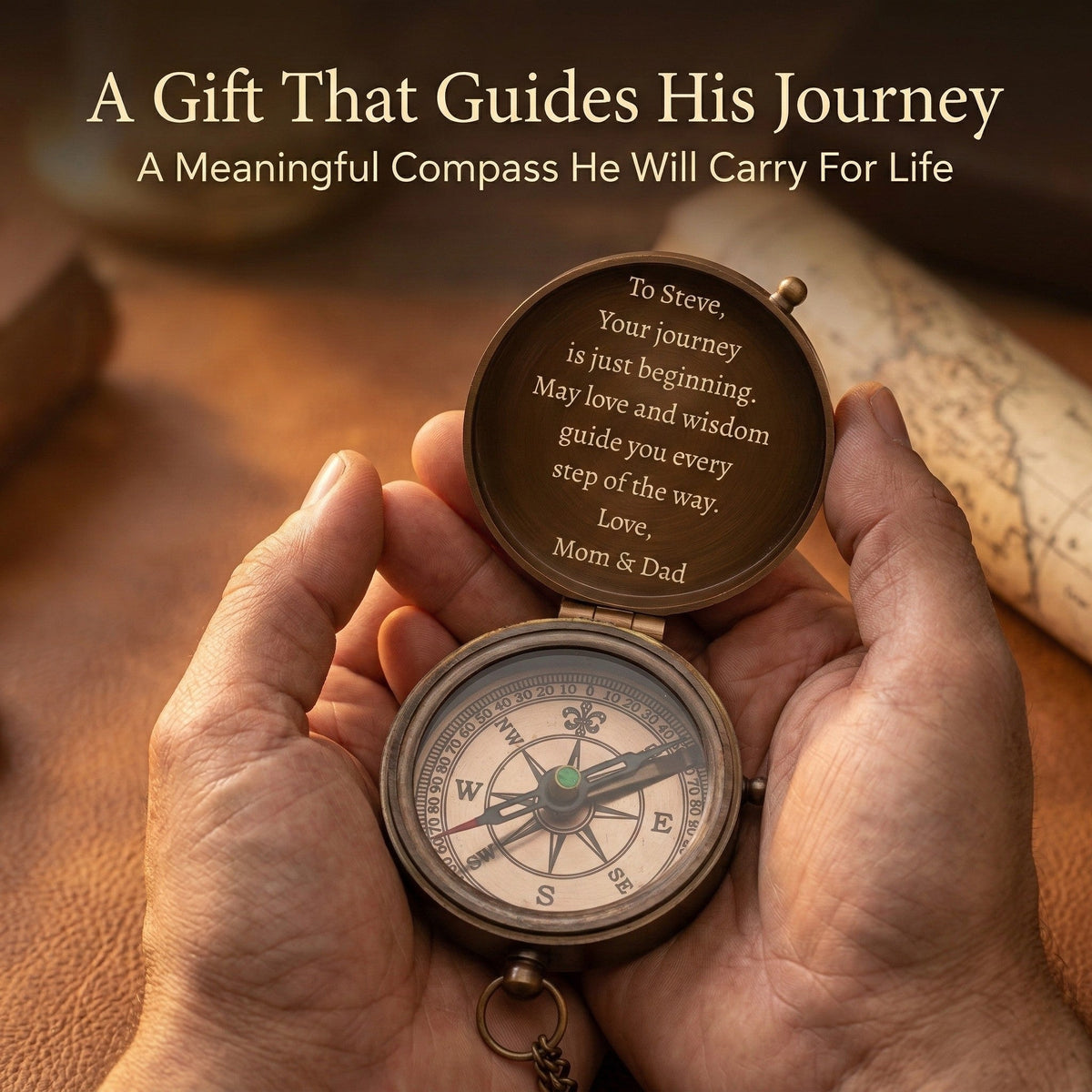 Person holding a compass with engraved message, surrounded by books and a map.