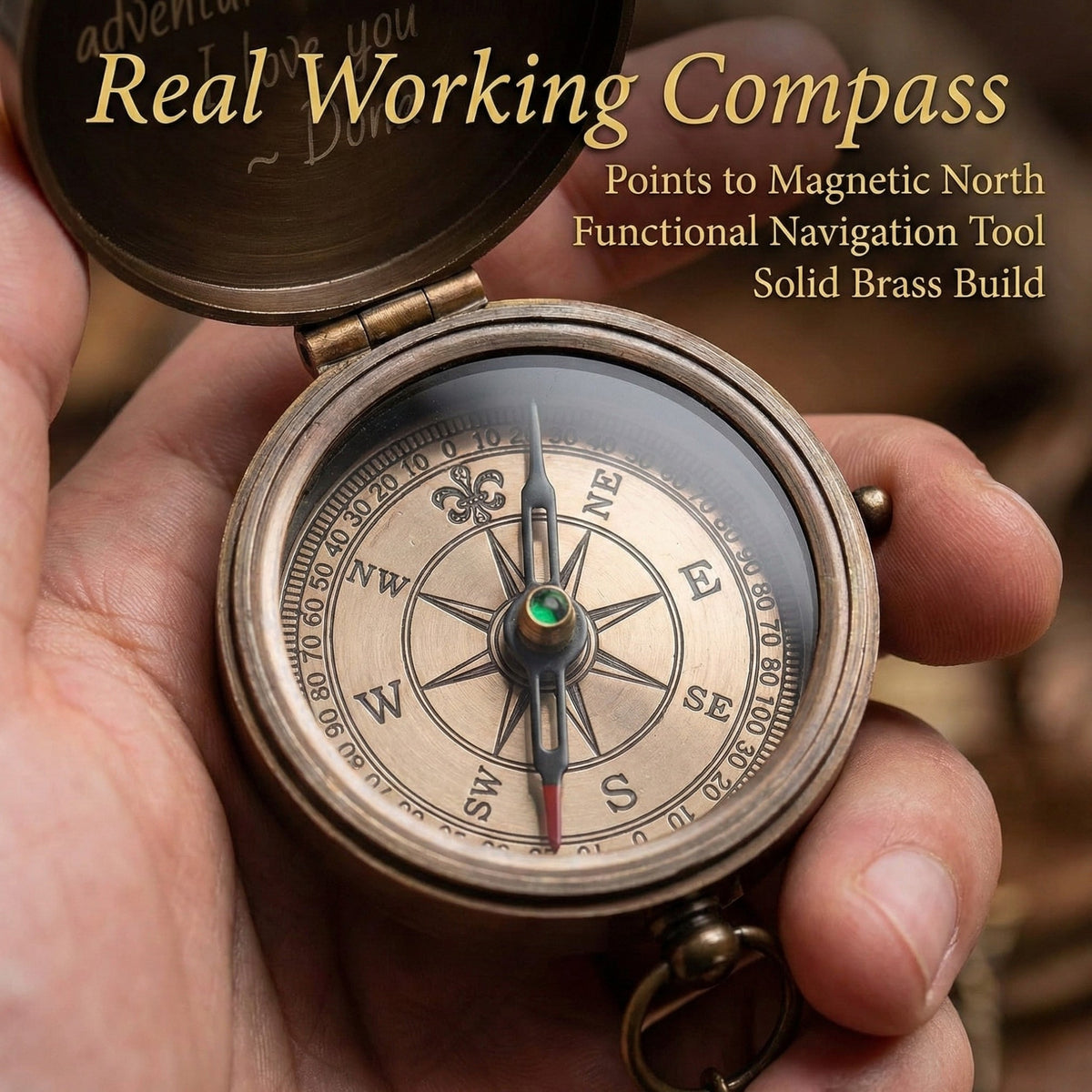 Vintage-style compass held in a hand with promotional text about its features.