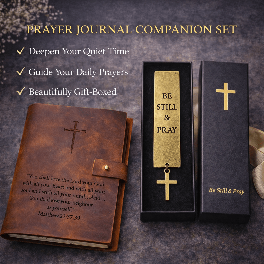 Prayer journal and gold bar with cross design on a textured background