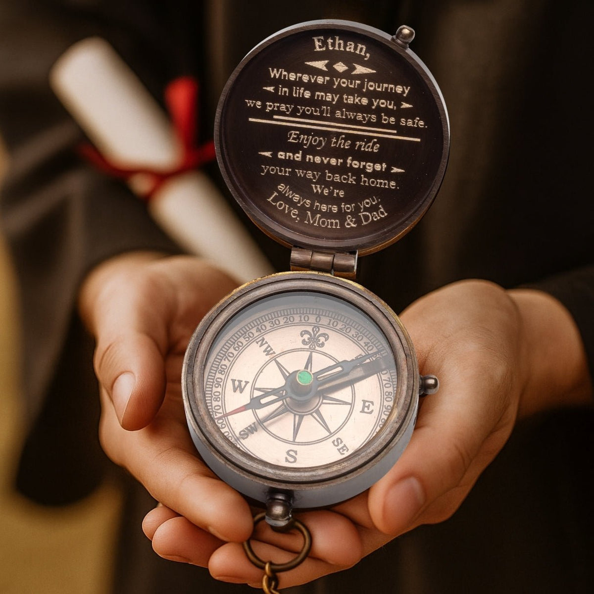 Antique working brass compass – personalized and engraved with initials or quote; celestial moon and stars design makes it a timeless gift for men on Father’s Day, Valentine’s Day, or birthday.