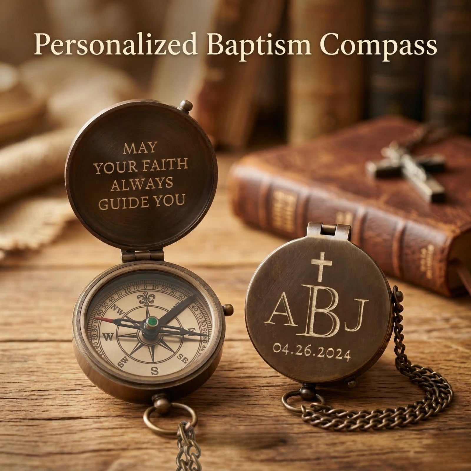 Personalized baptism compass with engraved text on a wooden surface