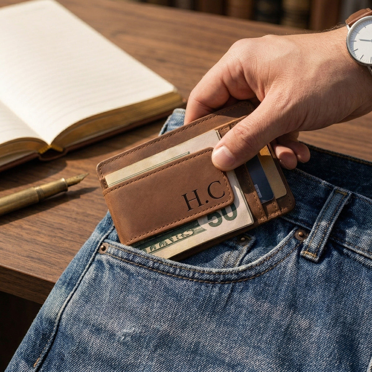 Person holding a brown leather wallet with monogrammed initials, pulling money out of it, on a wooden table.