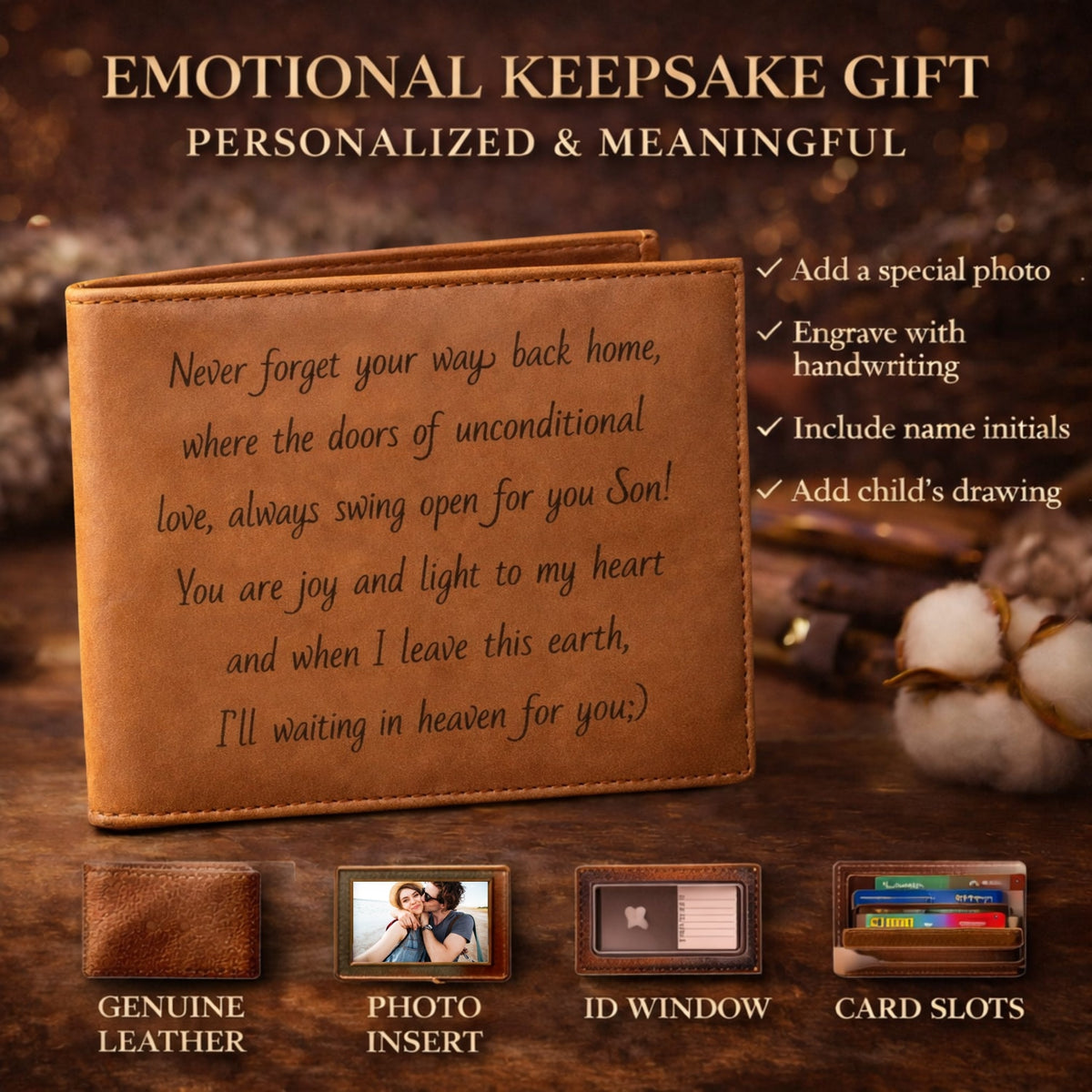 Personalized leather wallet with engraved message on a wooden surface