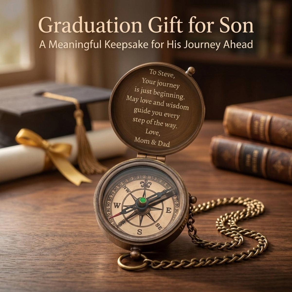 Personalized compass graduation gift with engraved message on a wooden surface.