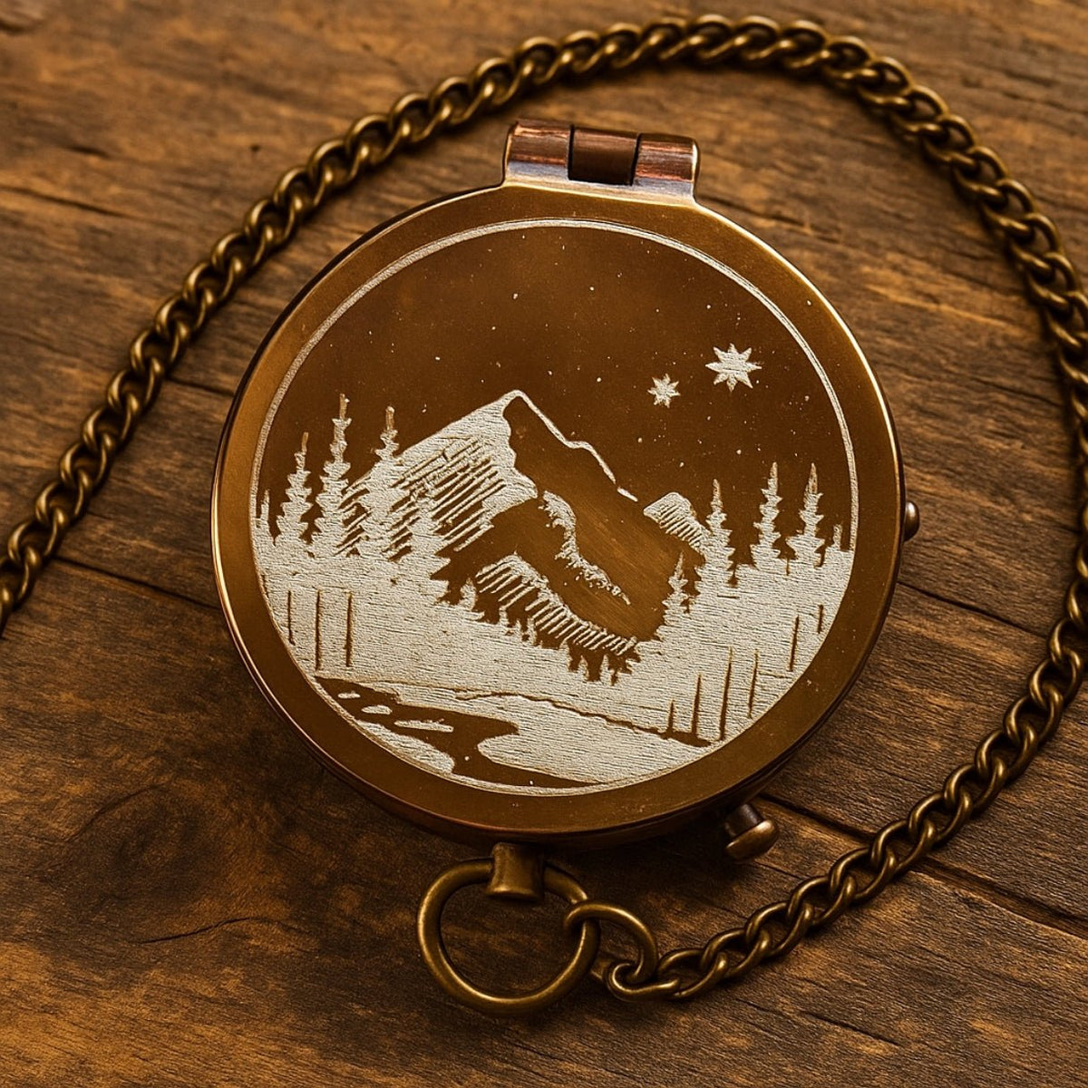 Custom engraved brass compass gift for men – personalized, handcrafted vintage pocket keepsake with mountain, moon, and stars design, perfect for son or grandson on graduation, retirement, or Father’s Day.