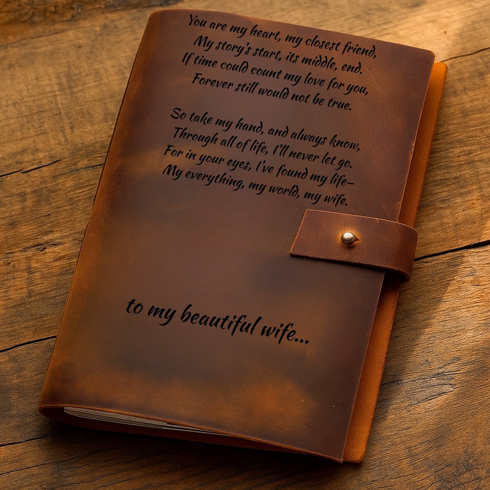 Personalized brown leather prayer journal – custom engraved Christian notebook or diary with refillable lined pages, featuring name, initial, monogram, photo, message, cross, or Bible verse text.