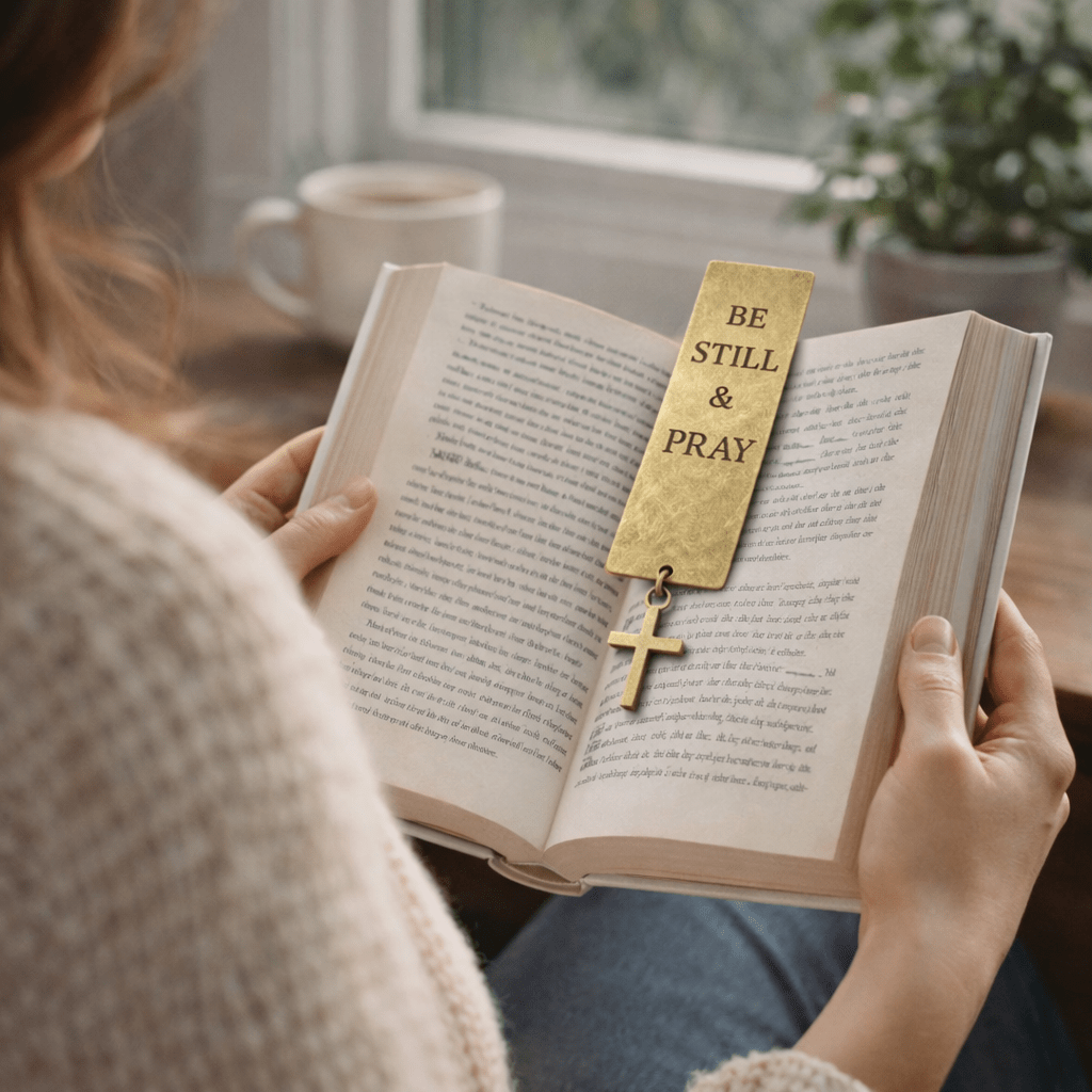 Person reading a book with a gold 'Be Still &amp; Pray' bookmark