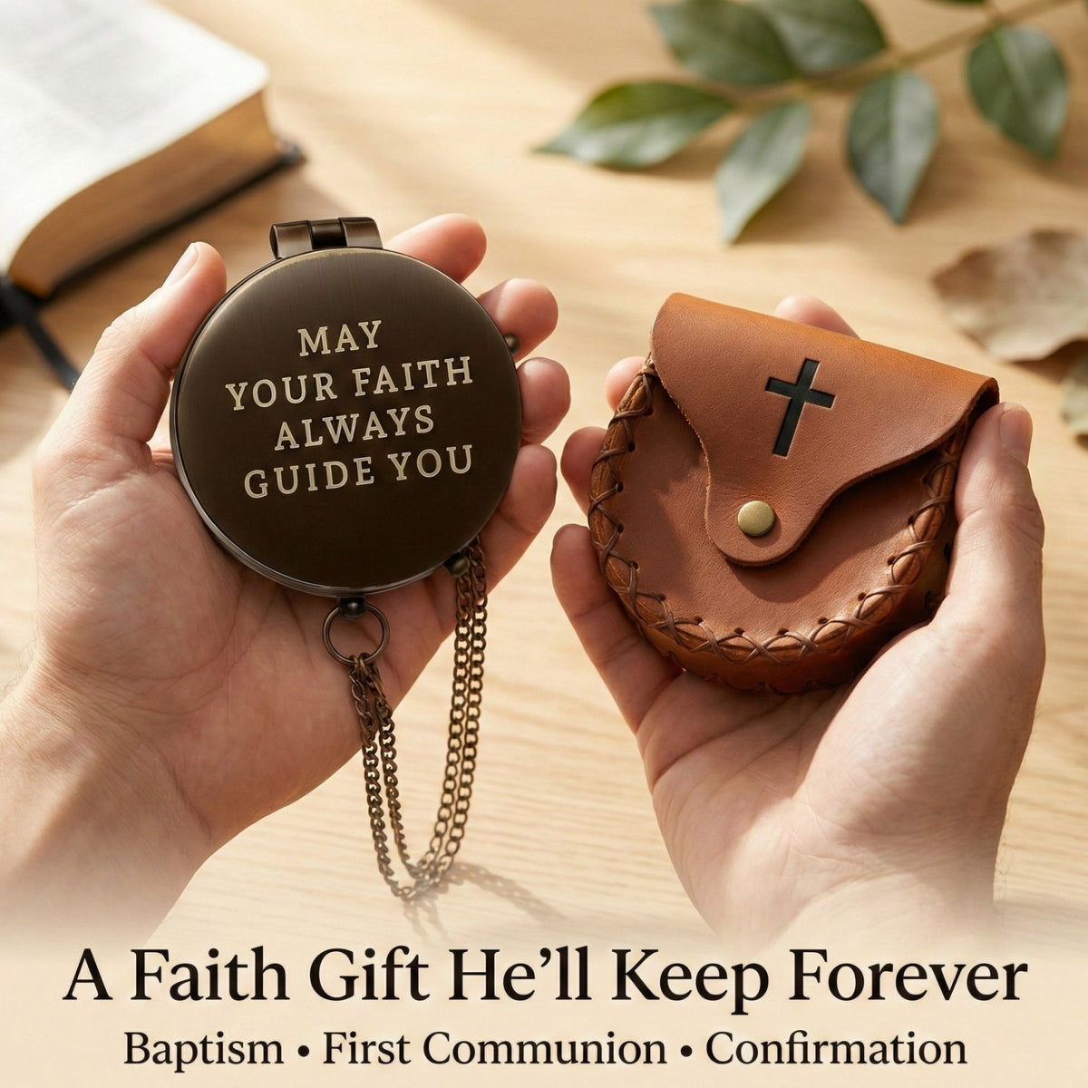 Two hands holding a round metal item with engraved text and a brown leather pouch on a wooden surface.