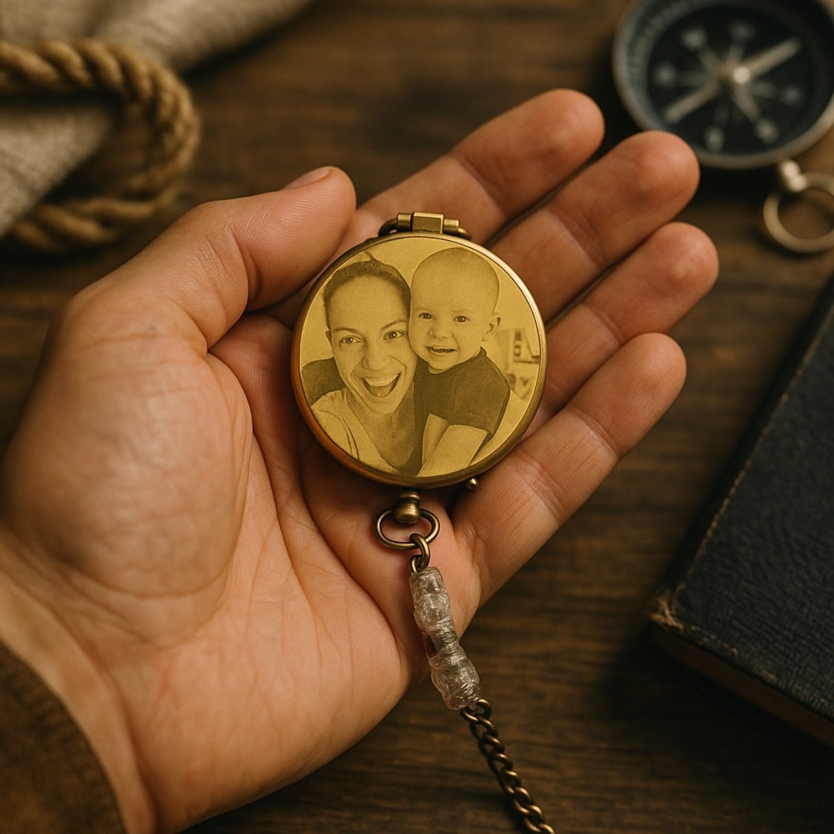 Custom celestial compass with mountains and moon – a personalized, engraved brass pocket keepsake for men; ideal gift for son, grandson, or him on graduation, anniversary, or Christmas.