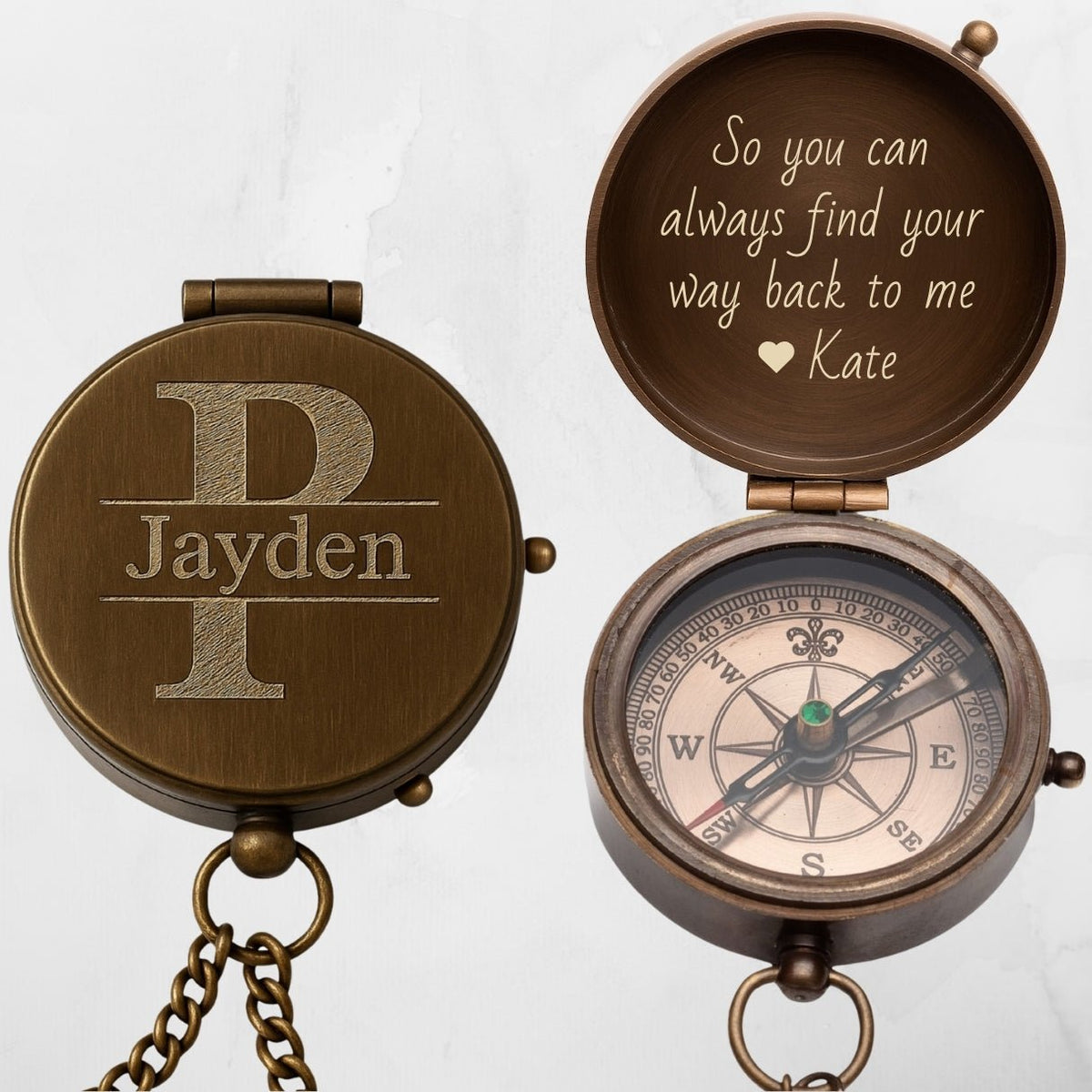 Antique working brass compass – personalized and engraved with initials or quote; celestial moon and stars design makes it a timeless gift for men on Father’s Day, Valentine’s Day, or birthday.