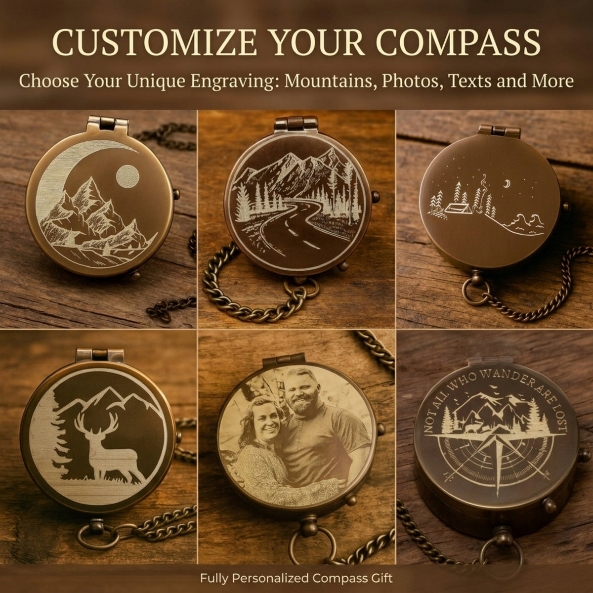 Personalized compasses with various engravings on a wooden background
