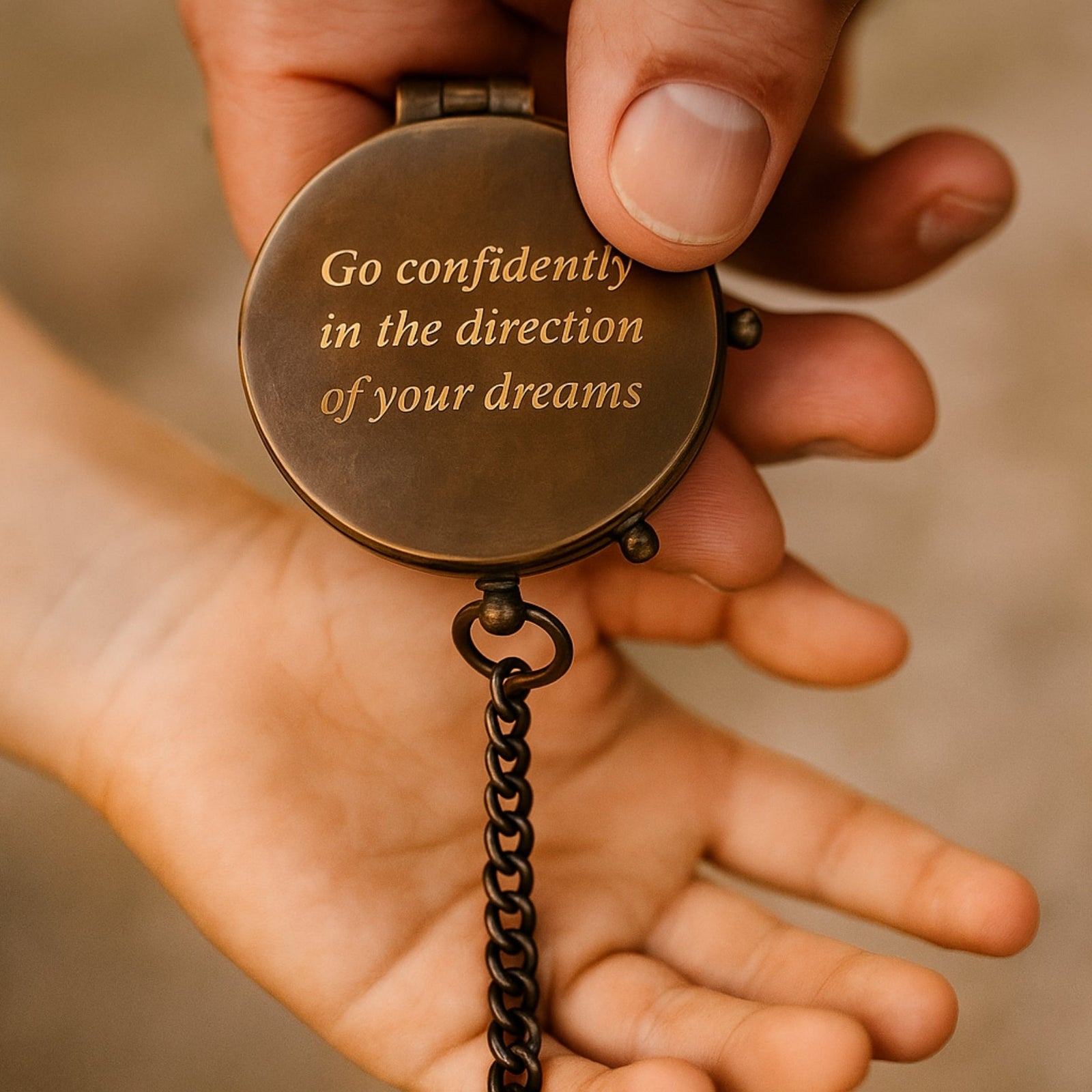 Bronze pocket watch with motivational quote held in a hand against a blurred background