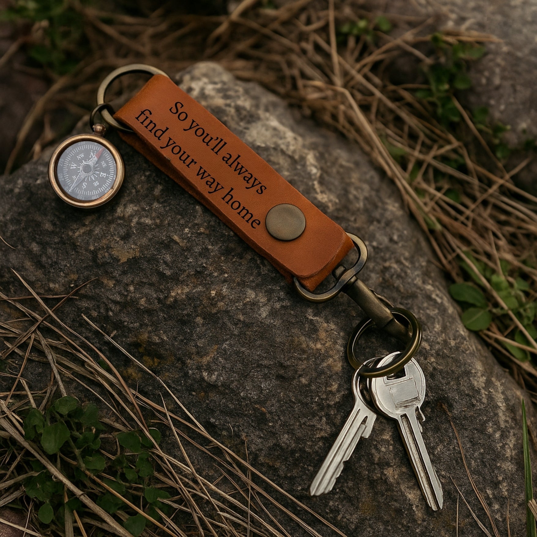 Keychain with compass and engraved text on a stone surface