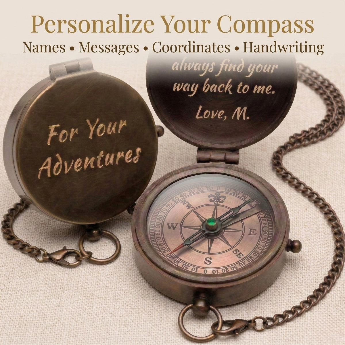 Personalized compass with engraved text on a beige background