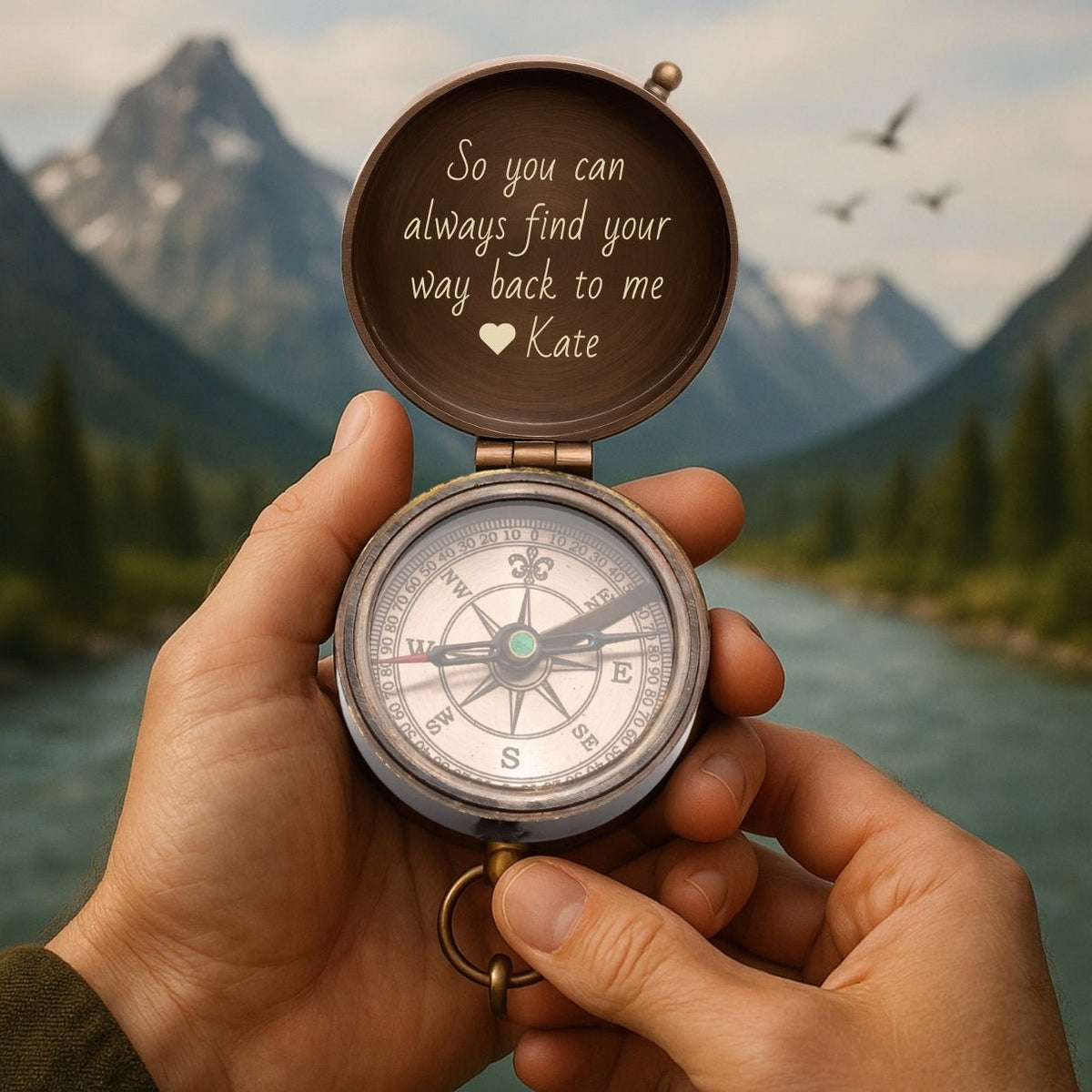 Custom celestial compass with mountains and moon – a personalized, engraved brass pocket keepsake for men; ideal gift for son, grandson, or him on graduation, anniversary, or Christmas.