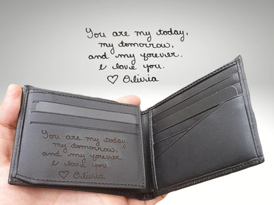 mens picture wallet with own handwriting engraving