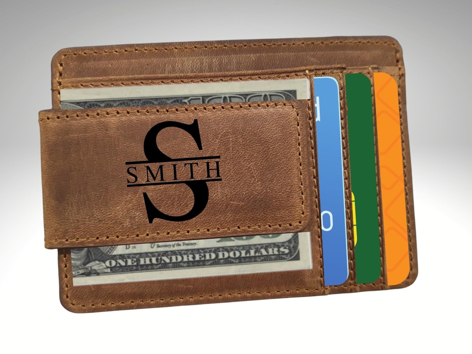 Custom engraved brown leather money clip for men – personalized with photo, name, or initials – SFDizayn
