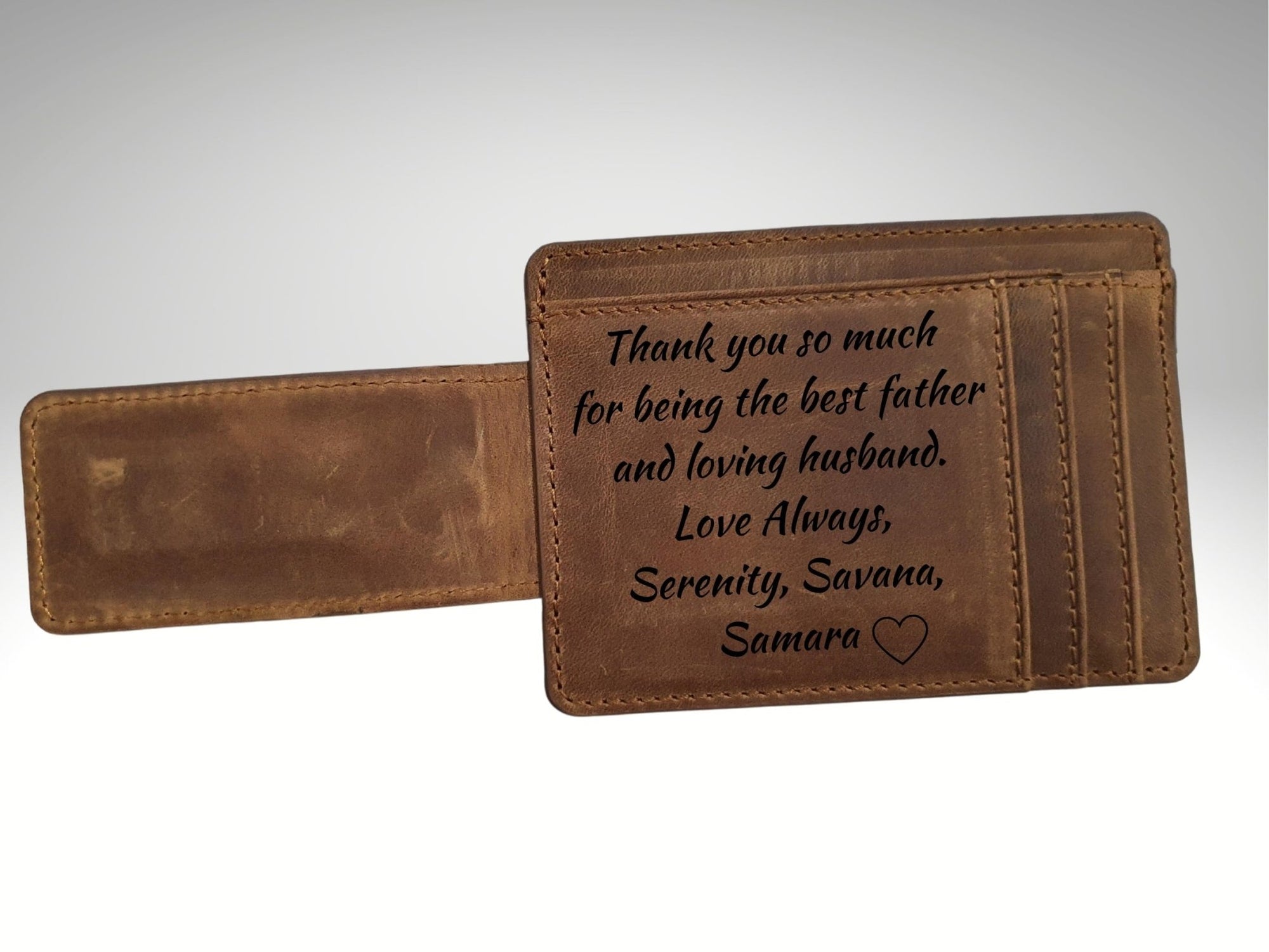 Custom engraved brown leather money clip for men – personalized with photo, name, or initials – SFDizayn